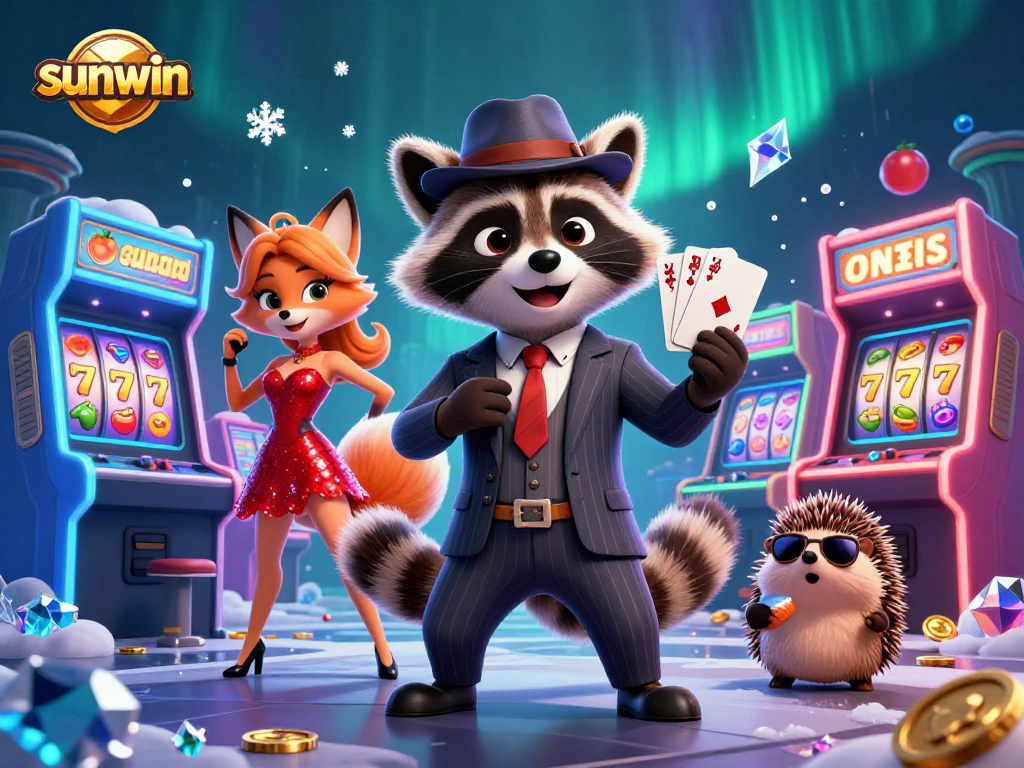 Experience sunwin in this vibrant 3D casino scene with raccoon, fox, and hedgehog characters.