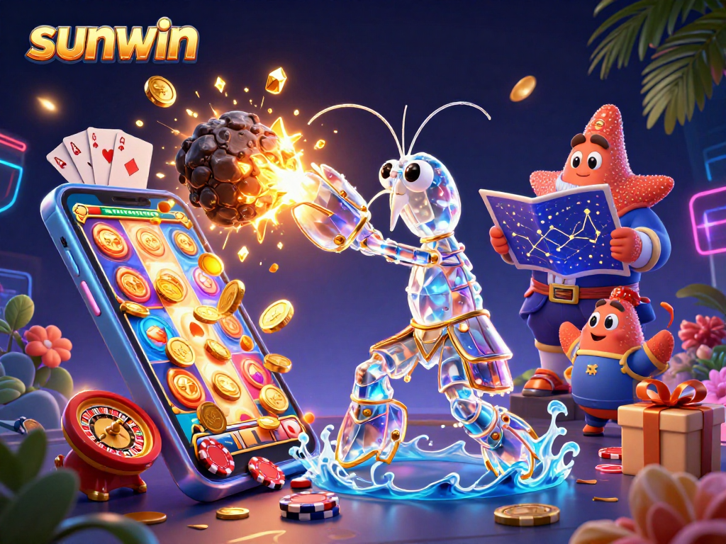 Join the excitement with sunwin as the mantis shrimp battles asteroids for golden gems in this vibrant casino scene.
