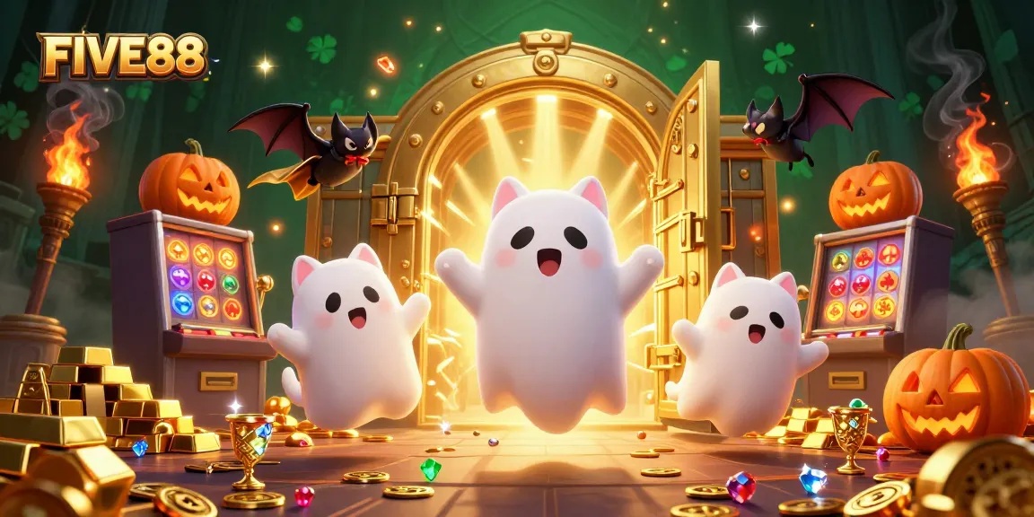 Experience the FIVE88 thrill with a ghost cat and vampire bat in a vibrant casino scene.