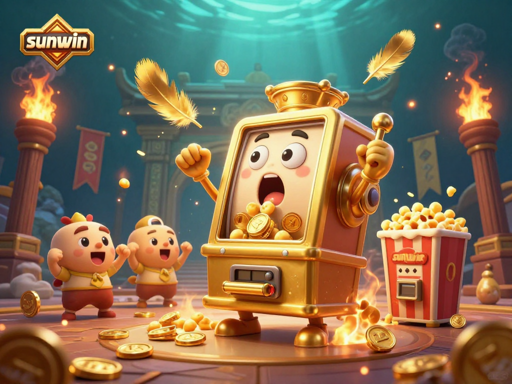 Sunwin slot machine hitting jackpot, surrounded by cheering machines and golden coins.