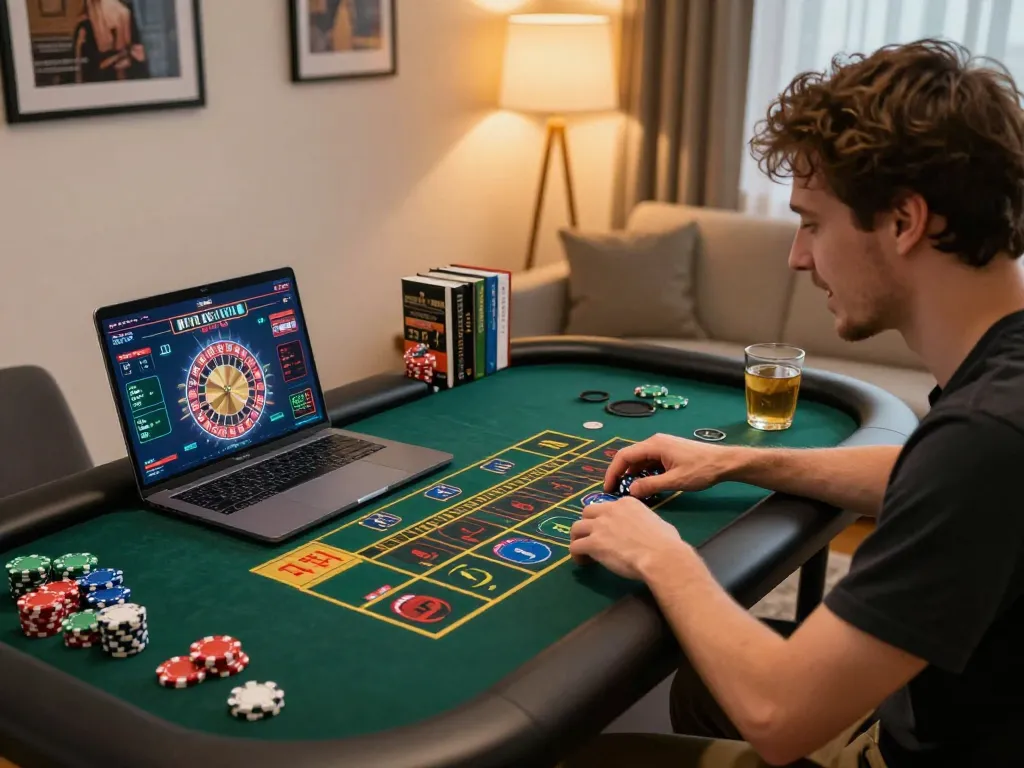 Engaging in online roulette with ku88 on laptop in a cozy home setting.