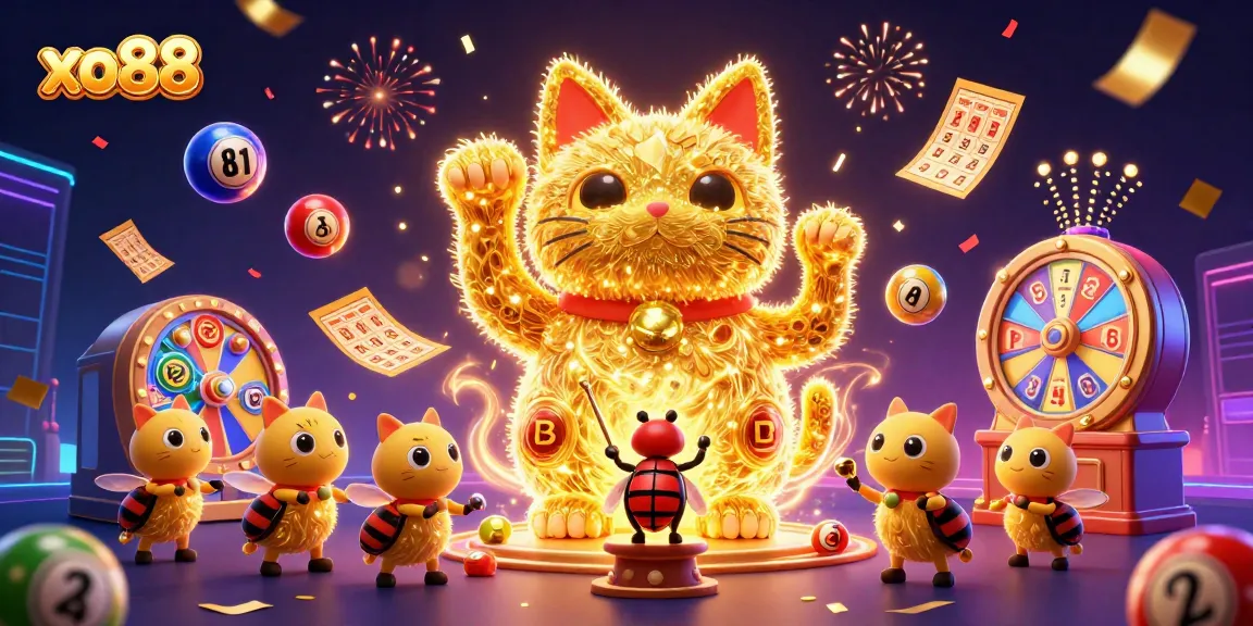 Engage with xo88's vibrant slots through an enchanting scene featuring a lucky cat and casino elements.