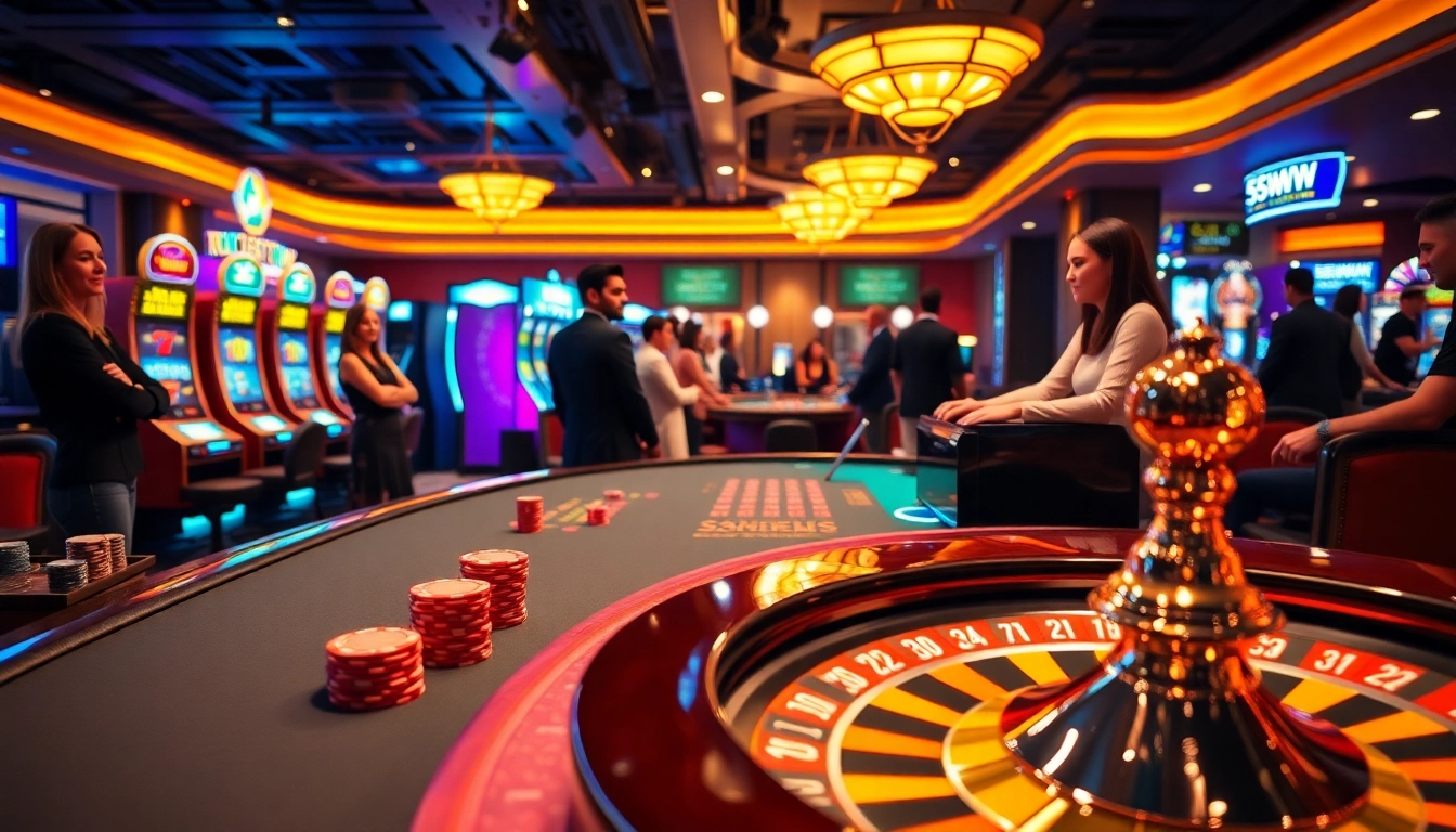 Experience thrilling casino action with 55WW at a luxurious poker table and vibrant slot machines.