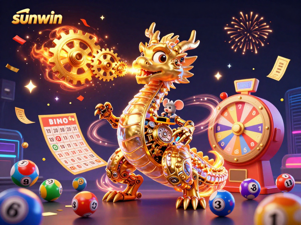 Experience the excitement of sunwin with dynamic lottery elements and a golden dragon in 3D illustration.
