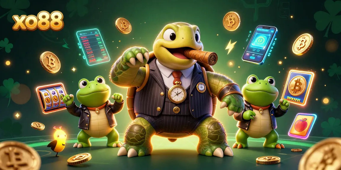 Engage with the lively xo88 scene featuring a snapping turtle mobster and slot elements.