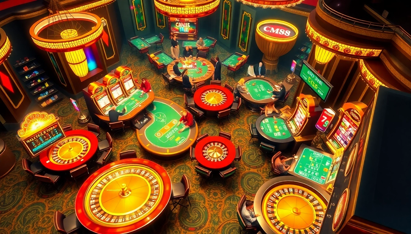 Experience the excitement of CM88 in a luxurious casino setting filled with vibrant tables and eager players.