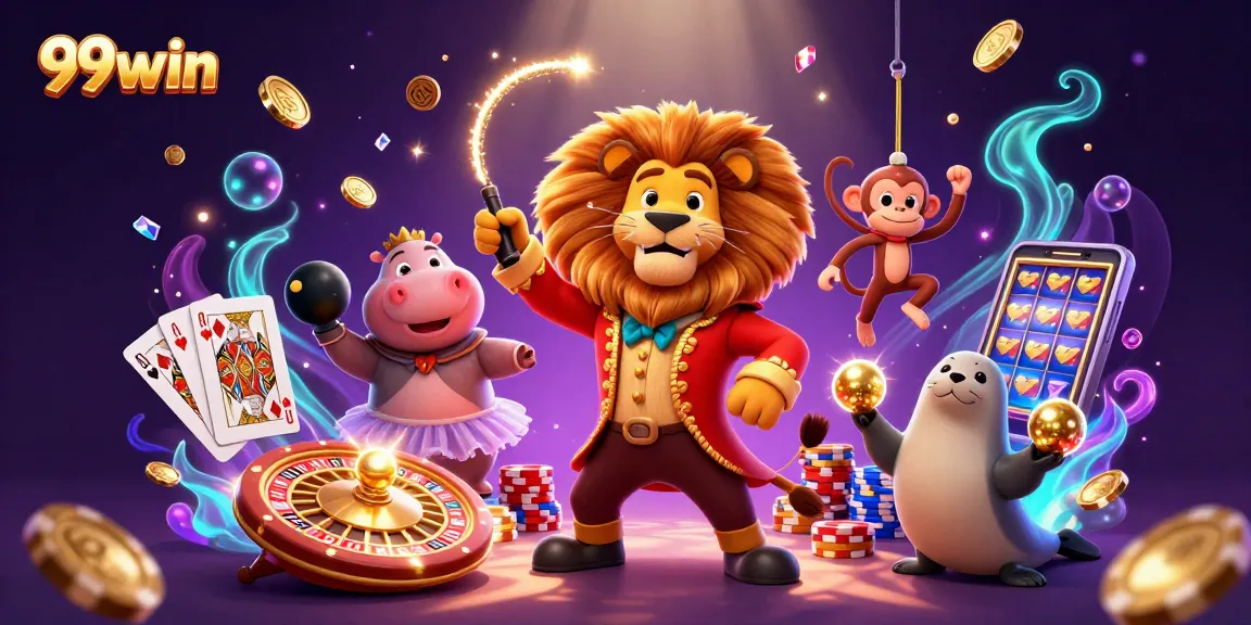 Experience thrilling games at 99win with a dazzling scene of lively casino characters and sparkling treasures.