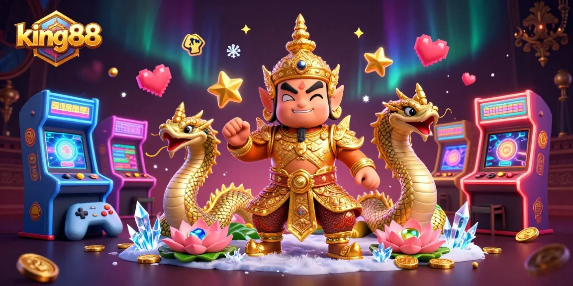 Experience king88's vibrant gaming universe with a friendly Thai guardian and dynamic casino elements.