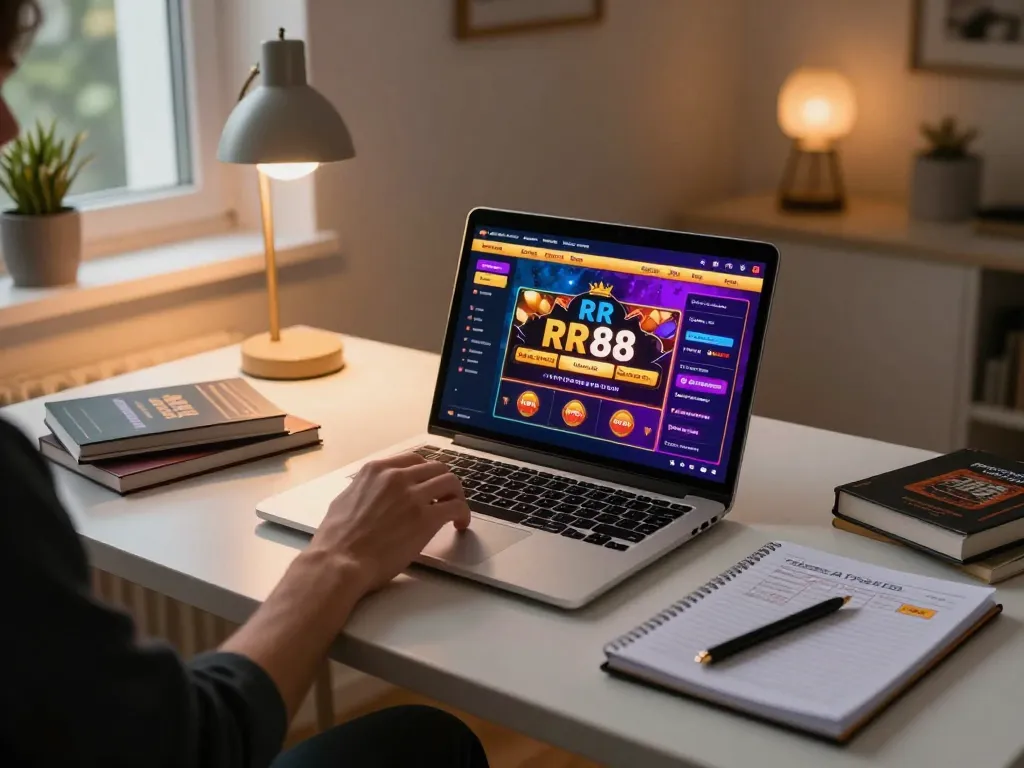 Engaging in RR 88 online casino gaming from home with cozy decor and warm lighting.