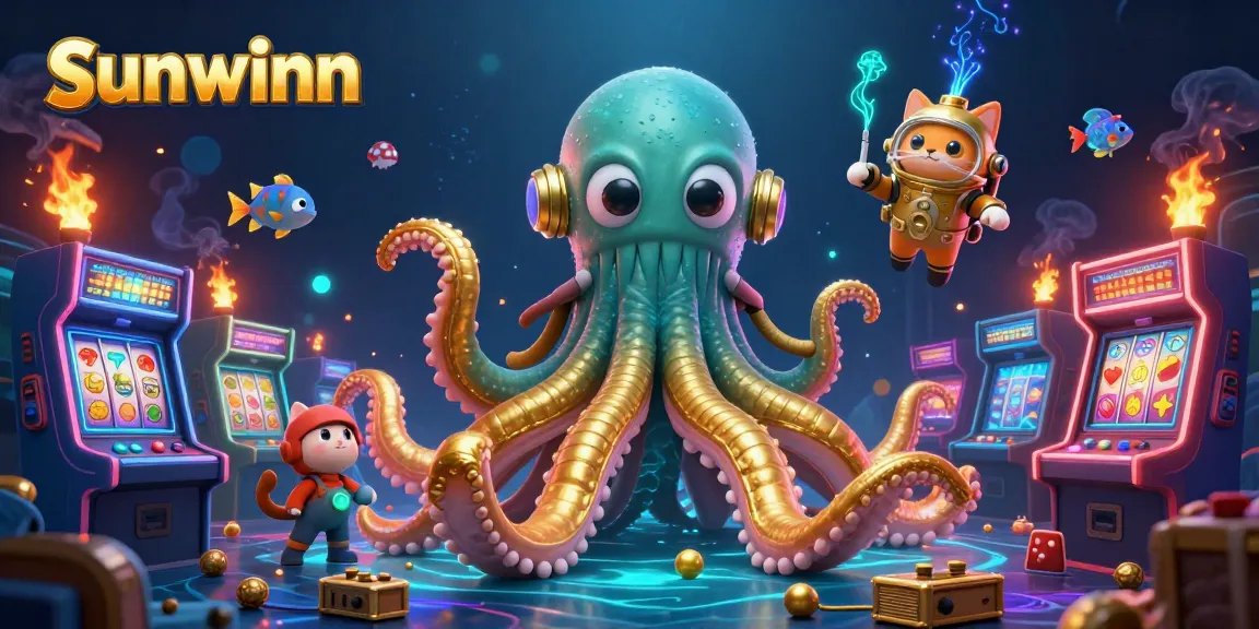 Sunwinn showcases a vibrant kraken and a vintage diving cat within a rich casino scene.