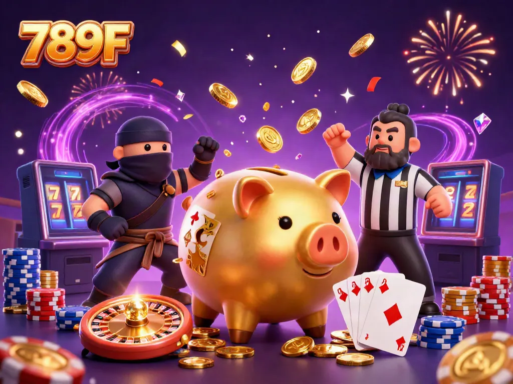 Engage with 789F's dynamic casino action featuring a golden piggy bank wrestler and a wallet ninja.