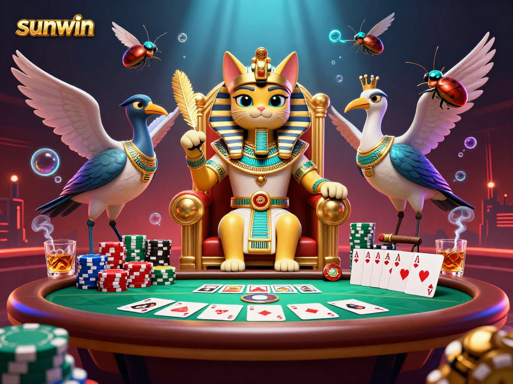Experience thrilling poker action with the sunwin pharaoh cat and scribe in a vibrant casino scene.