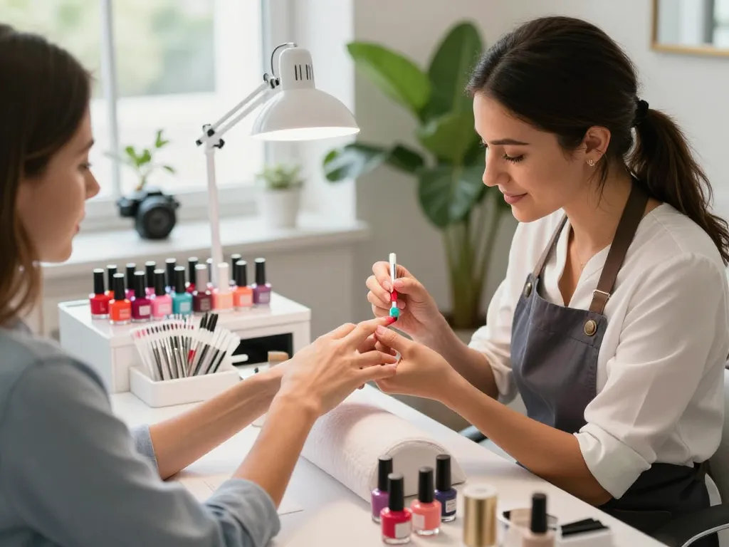 Nail technician expertly applying vibrant gel polish to client's nails in a hygienic beauty salon.
