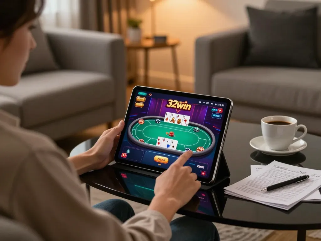 Player enjoying online poker on 32win tablet, cozy living room ambiance, strategic gaming.