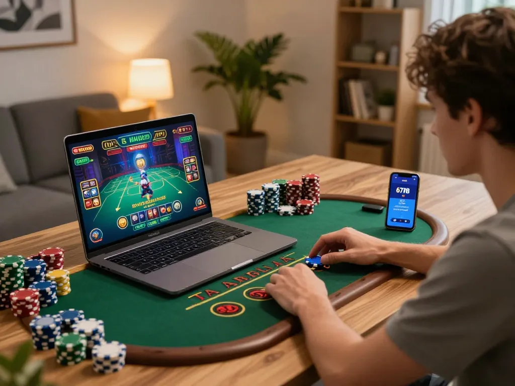 Player enjoying live casino gaming experience on 678vip platform with chips and smartphone