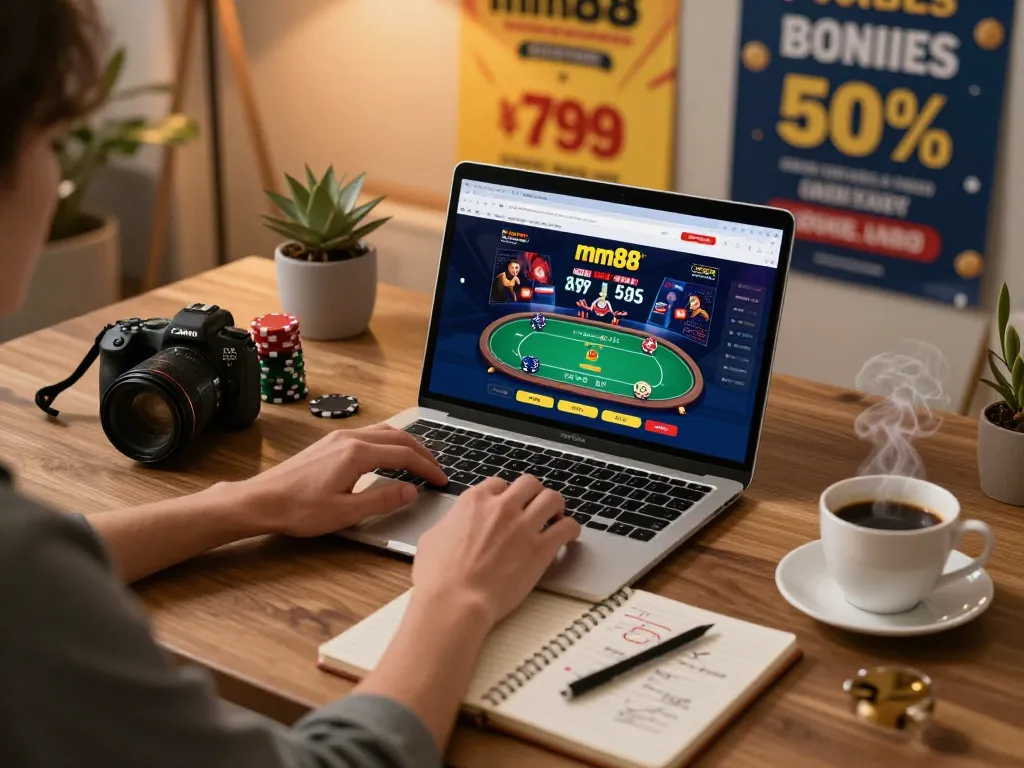 Engaging mm88 online casino gameplay from a cozy home setup with strategic betting notes.