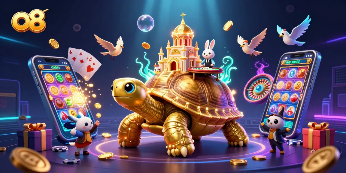 Win exciting jackpots at o8's colorful slot games, featuring a vibrant 3D casino illustration.