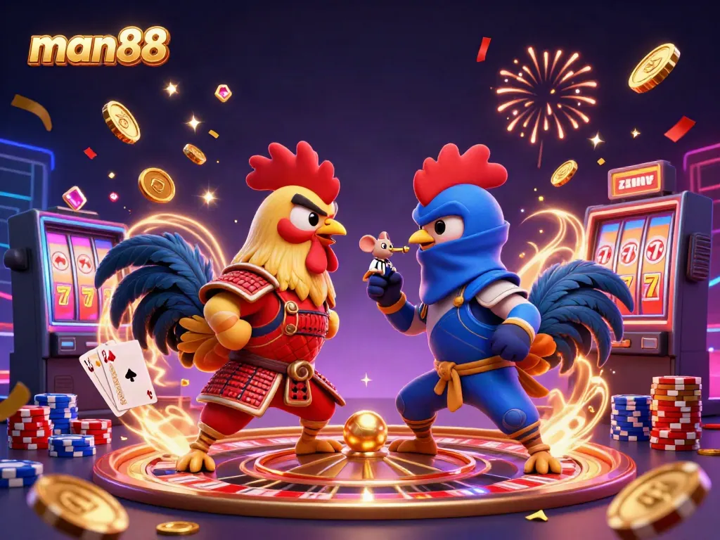 Experience man88's thrilling gaming atmosphere with dynamic action and vibrant casino elements.