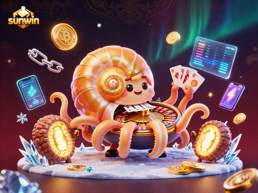 Experience thrilling gameplay with sunwin in this vibrant crypto-themed casino illustration.