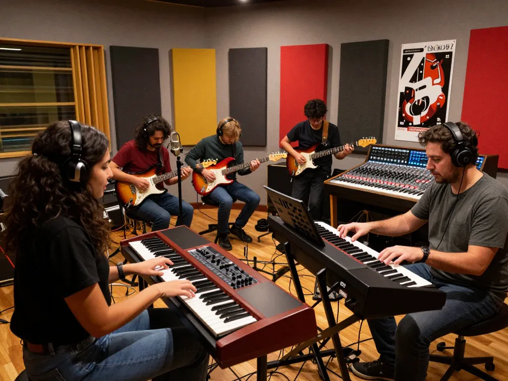 Musicians experimenting with the VK88 combo organ in a vibrant recording studio, showcasing creativity.