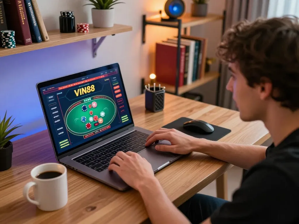 Play casino games with VIN88 on a laptop at home, showcasing an engaging online experience.