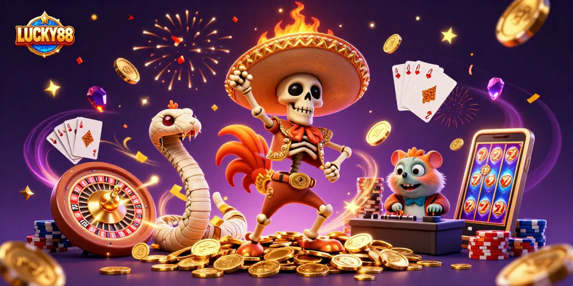 LUCKY88 showcases a vibrant victory dance scene with colorful characters and dynamic casino elements.