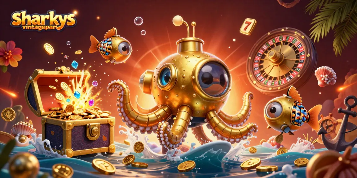 Win at sharkysvintagepark with vibrant slot reels and a golden kraken submarine illustration.