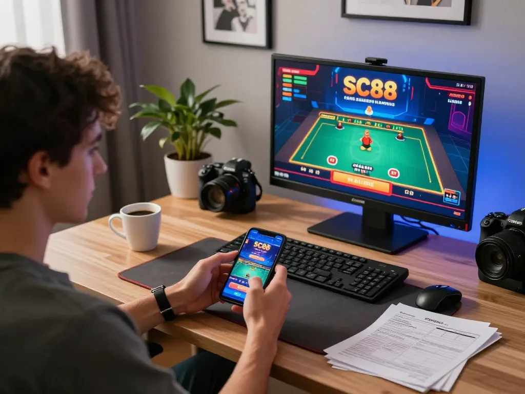 Engaging user interaction with the SC88 app on a smartphone, highlighting online casino gaming excitement in a cozy home environment.