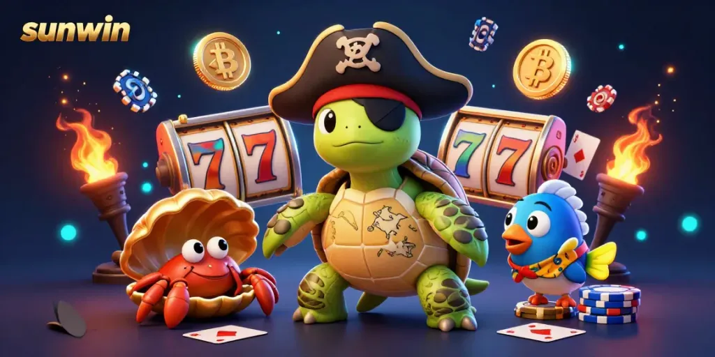 Engage in thrilling casino action with sunwin, featuring a vibrant 3D pirate turtle and treasures.