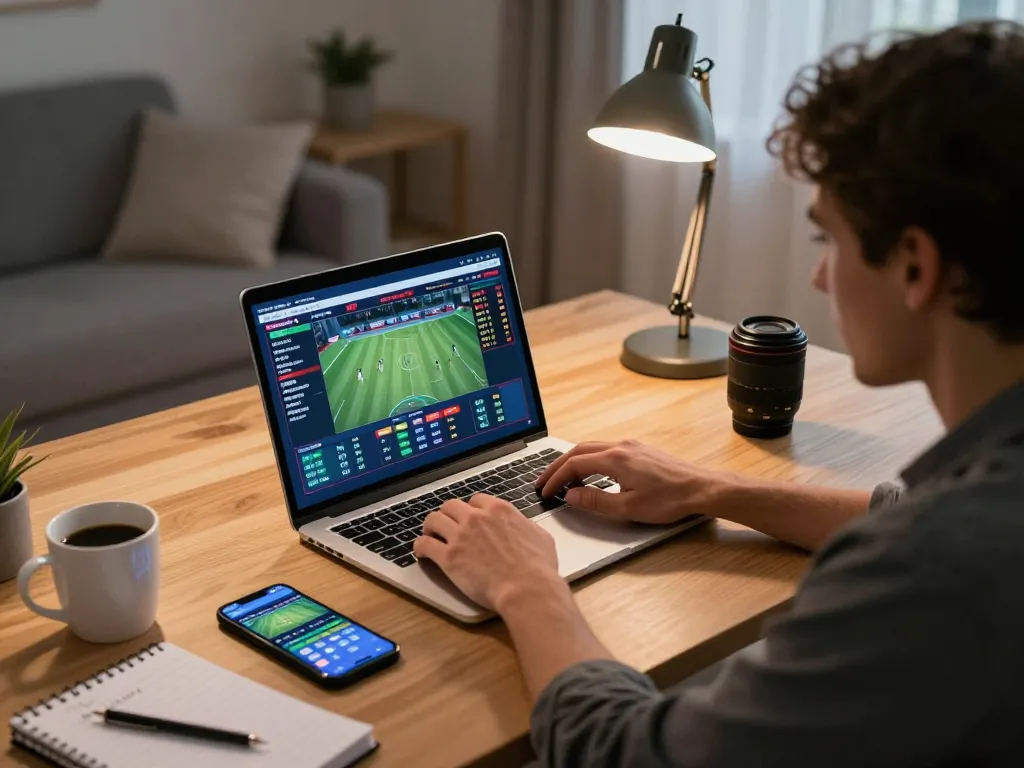 Engaging in online sports betting at https://ga88bet.com/ with live odds displayed on laptop and smartphone.