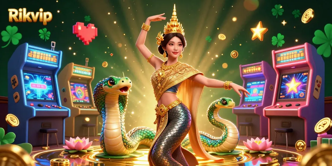 Engage with Rikvip's vibrant online casino featuring colorful games and a captivating Thai dancer.