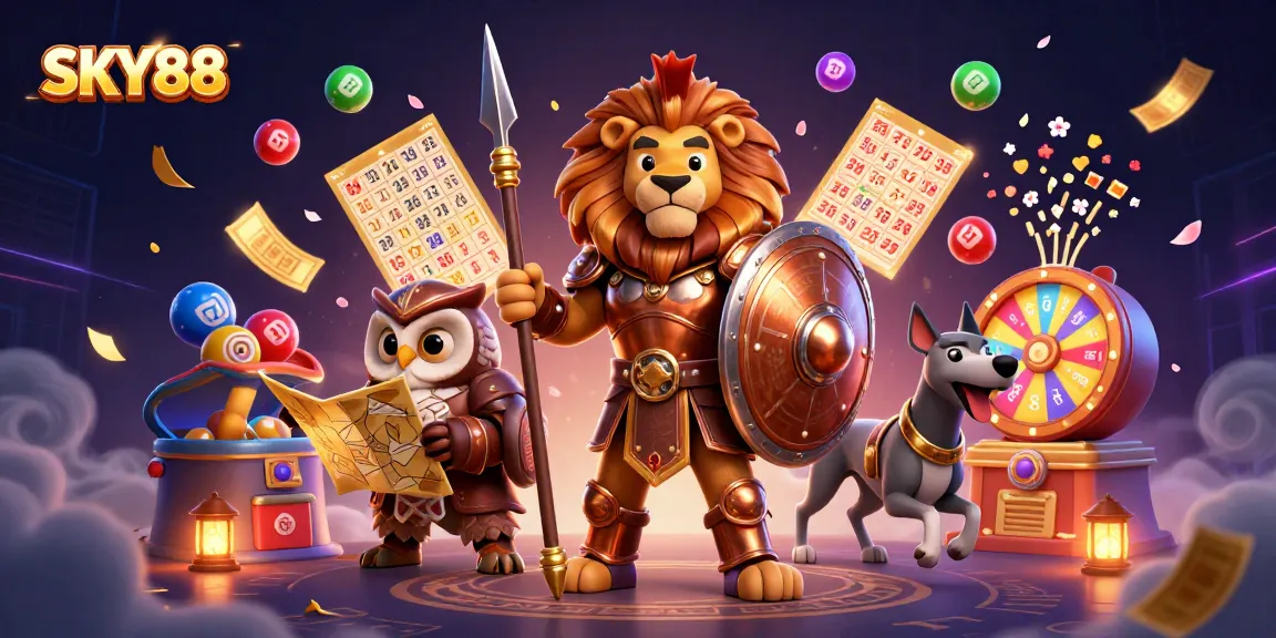 Engage in thrilling draws with SKY88 as lion, owl, and greyhound spark excitement amidst vibrant casino elements.
