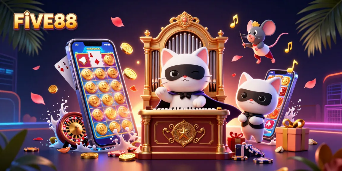 Experience thrilling gaming excitement with FIVE88's vibrant 3D casino illustration showcasing dynamic gameplay elements.