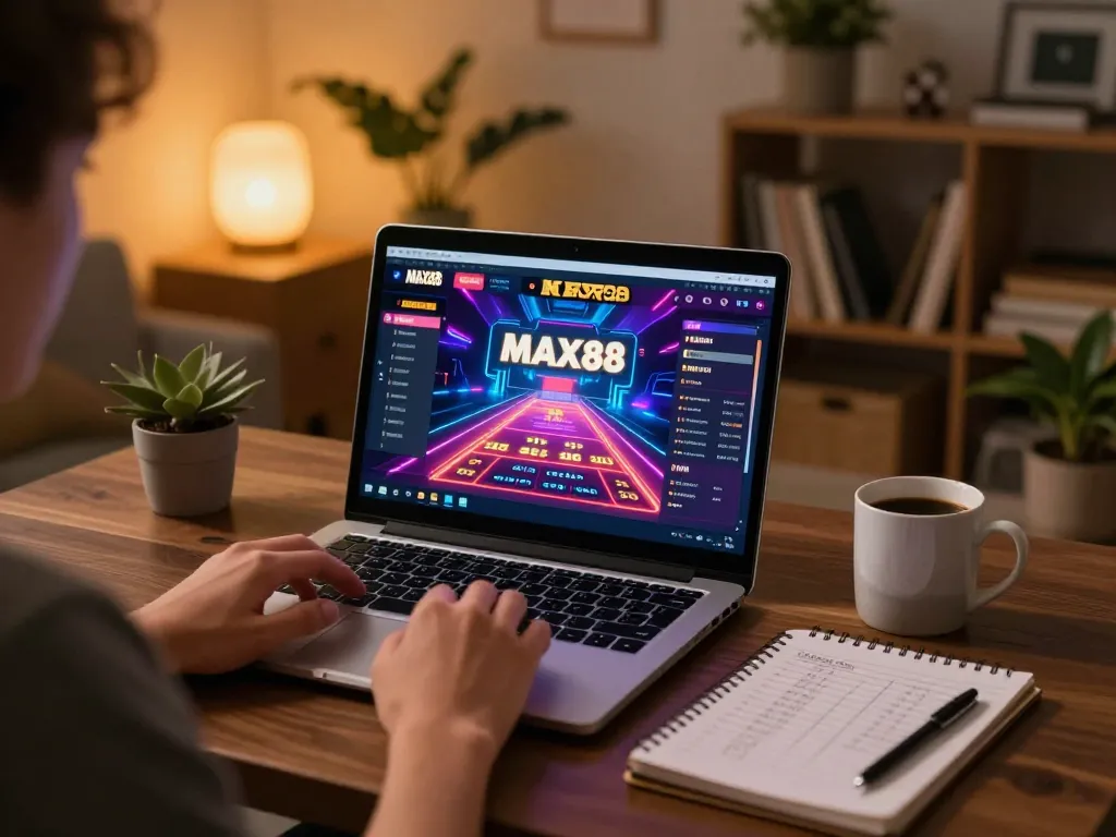 Player engaging with max88 casino app on a laptop, showcasing an inviting home gaming setup.