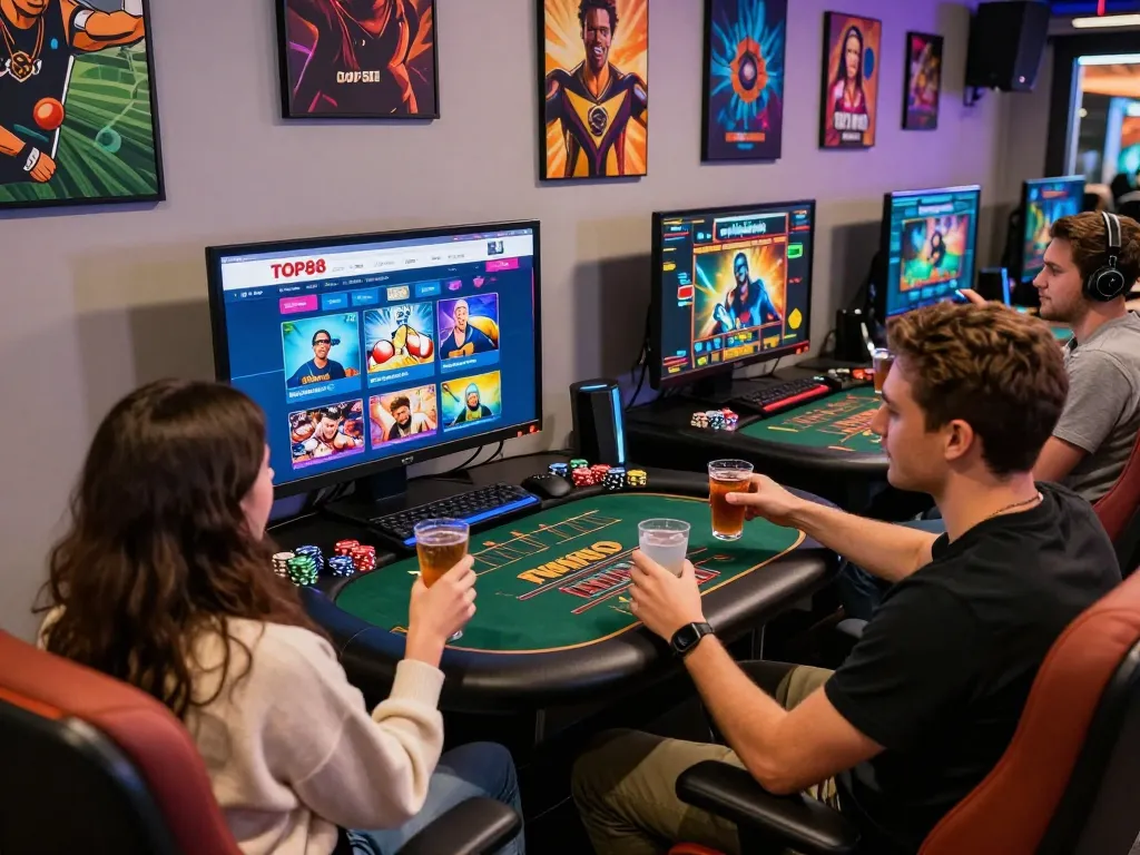 Friends enjoying online gaming at TOP88 in vibrant lounge setting