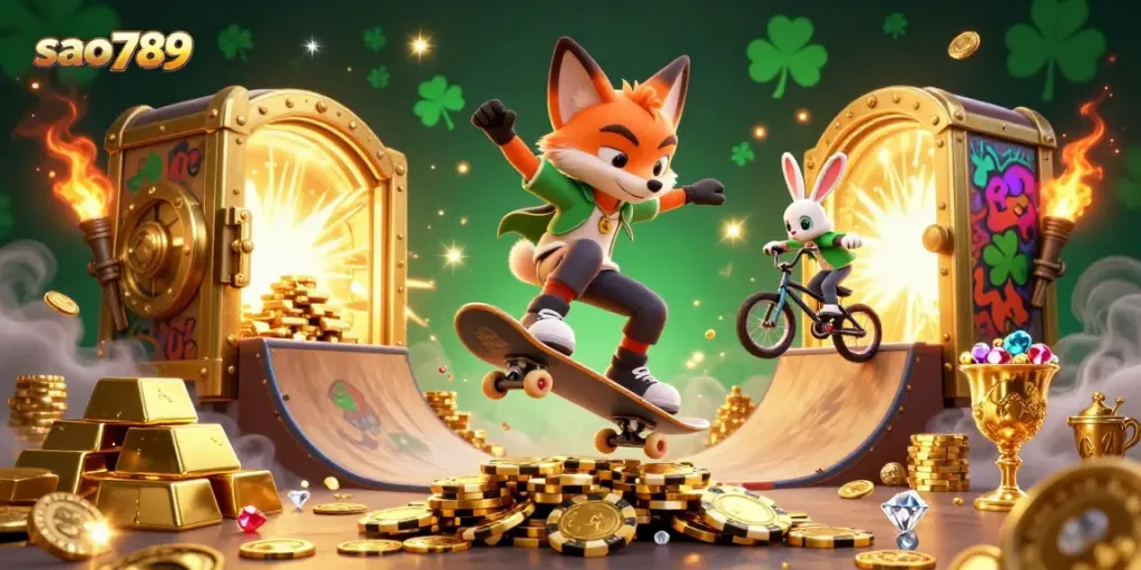 Experience excitement with sao789 as a fox skater performs tricks over golden chips.