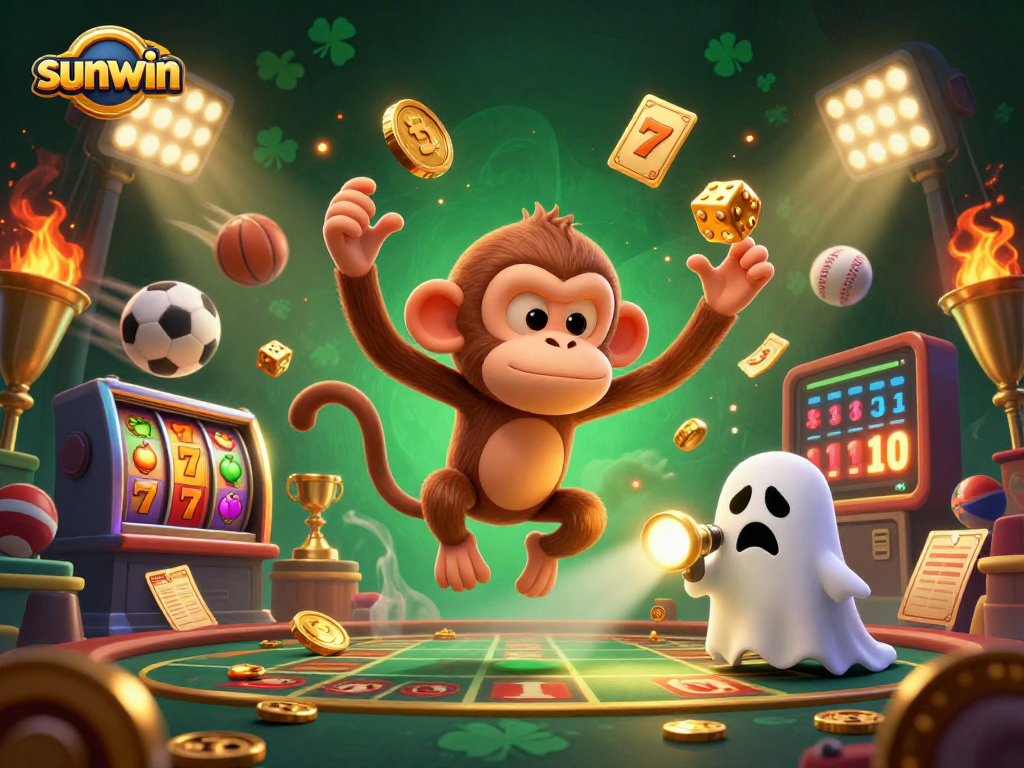 Experience thrilling wins at sunwin with a haunted casino scene where a poltergeist monkey juggles golden coins.