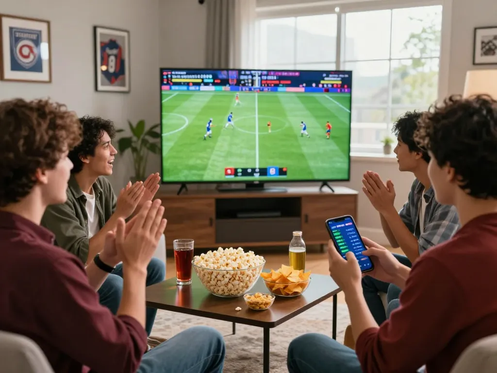Friends engaging in da88 bet excitement while watching a live sports match, highlighting the social and thrilling nature of online betting.