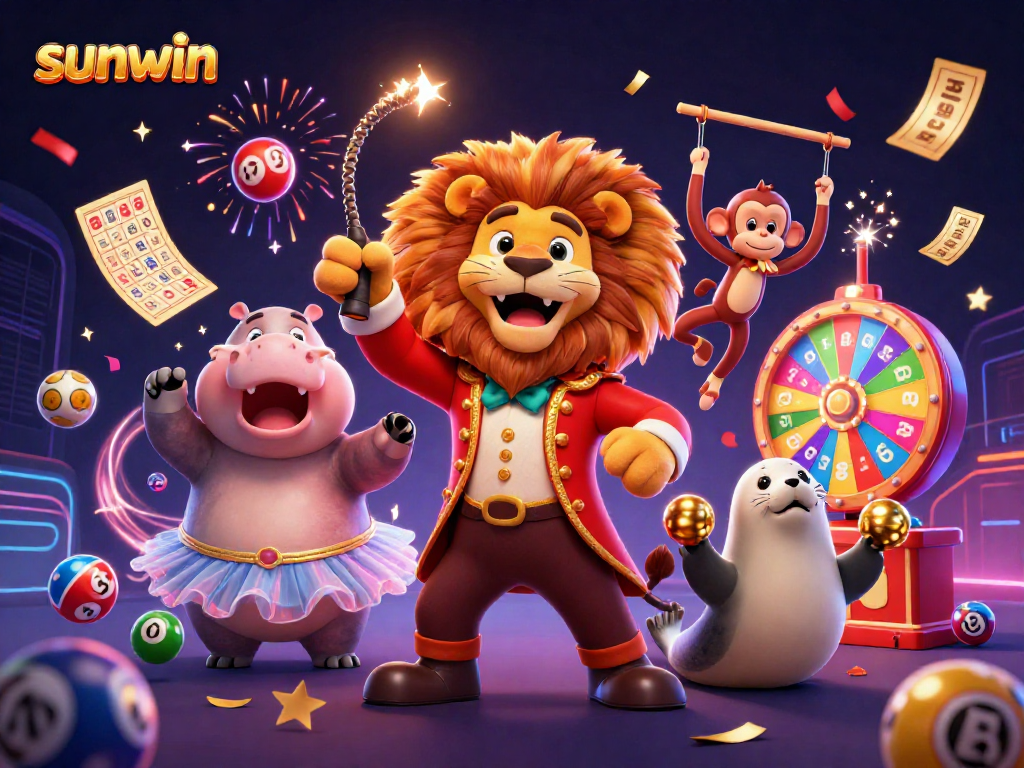 Experience the excitement of sunwin with colorful lottery elements exploding around fun 3D characters.