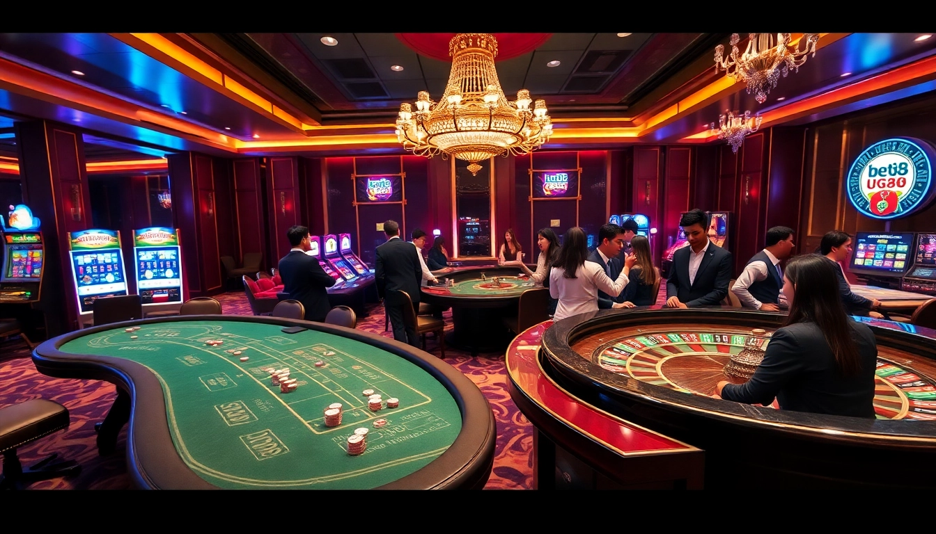 Bet88 players enjoying a luxurious casino experience at roulette and baccarat tables.