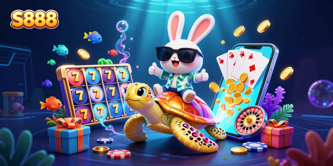 S888 captures excitement with a lucky rabbit and golden turtle in a vibrant casino scene.