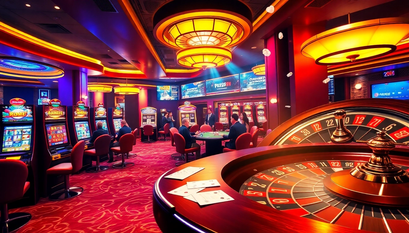 Experience the excitement of PS99 with vibrant casino tables, slot machines, and poker players.