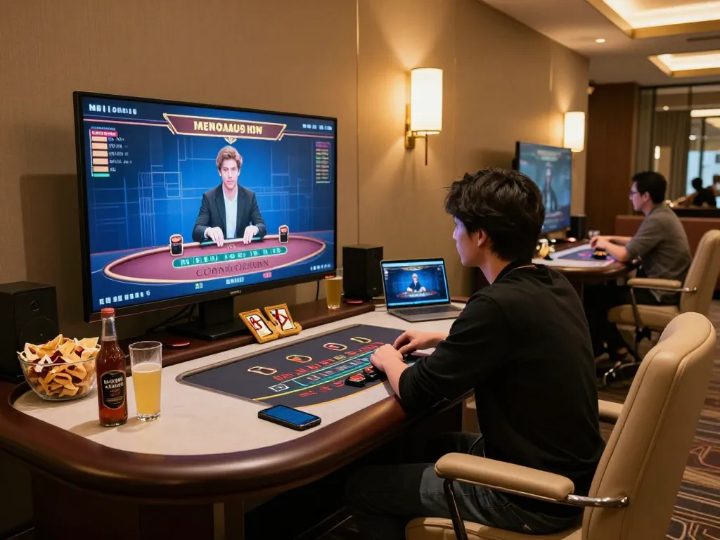 KJC online gaming session showing a player strategically engaged with live dealer blackjack at home.