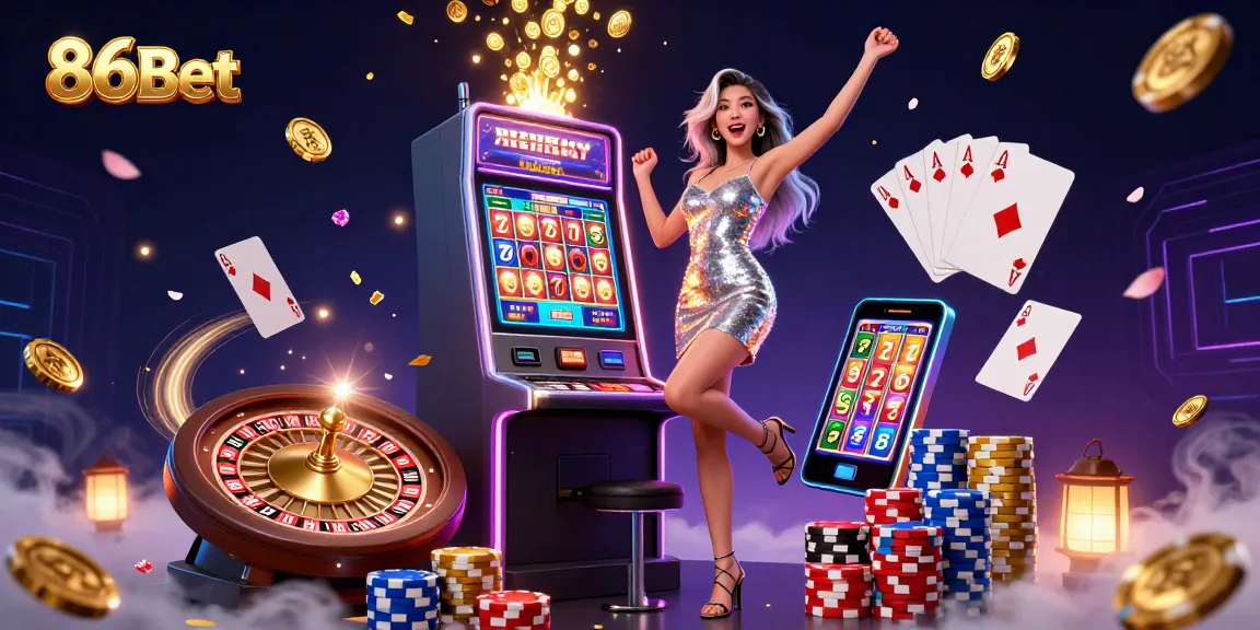 86Bet celebrates with a stunning Asian woman beside a jackpot slot machine, surrounded by cascading coins and poker elements.
