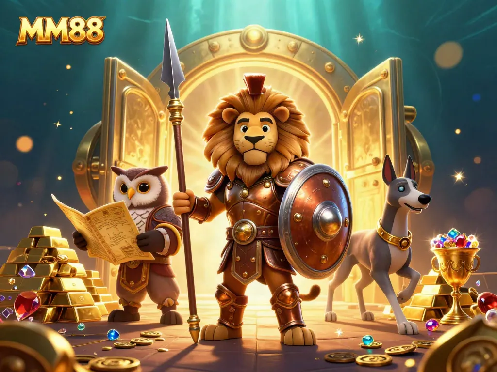 Experience thrilling gameplay at MM88 with a valiant Spartan lion amid treasures and casino elements.