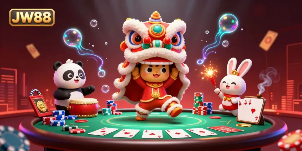Join the festive JW88 celebrations with a playful lion dance, poker elements, and vibrant 3D characters.