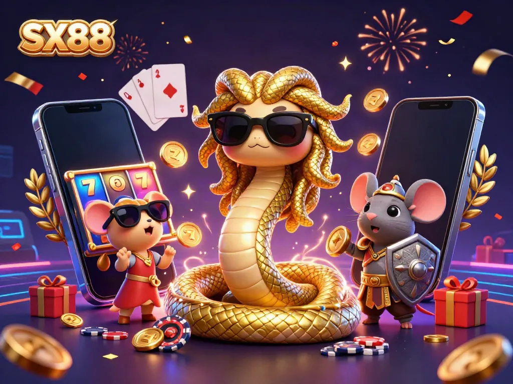 Engage with the SX88 online gaming world featuring vibrant casino elements and fun characters.