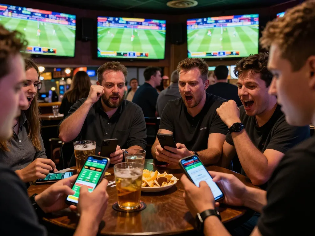 Passionate sports bettors engaging with the lucky88 app in a vibrant sports bar atmosphere