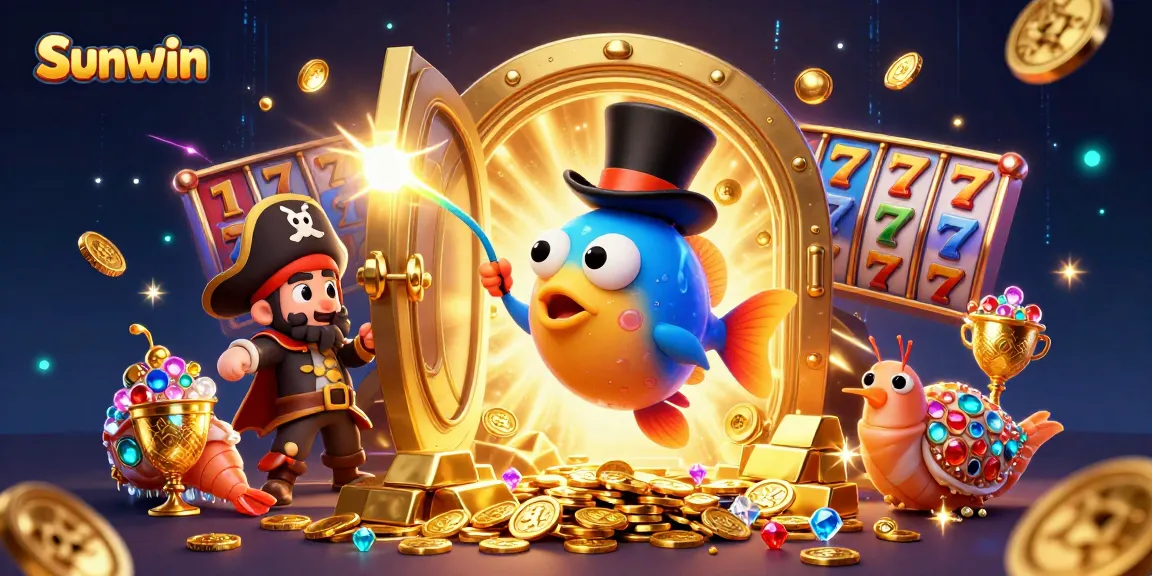 Sunwin attracts gamblers with 3D illustration of casino elements featuring a treasure vault, jackpots, and lucky symbols.