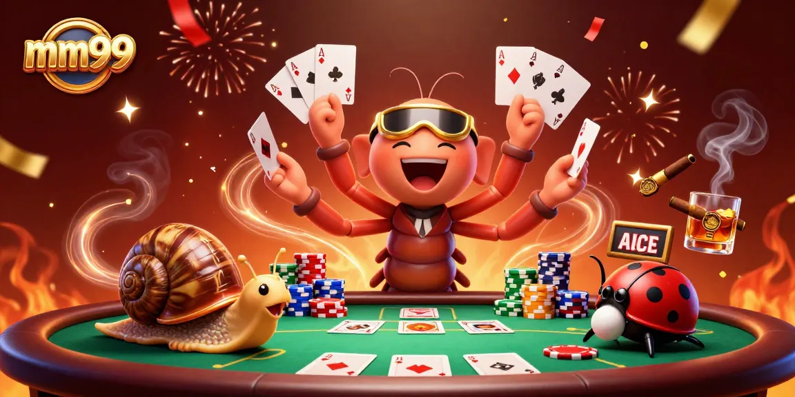 Experience the excitement of mm99 with fun playing cards and colorful chips in a vibrant casino scene.